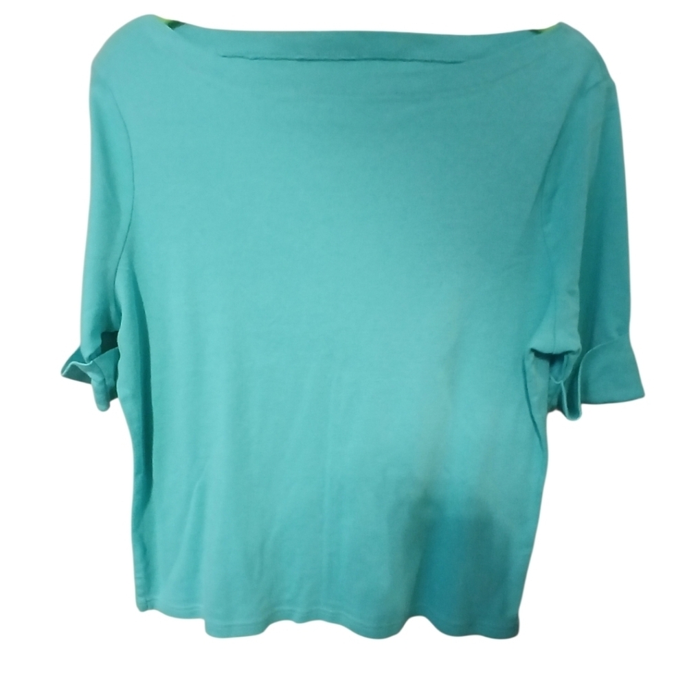 Kim Rogers Large Womens Top, Shirt,  Aqua Blue, Short Sleeve, Cotton, Boat Neck